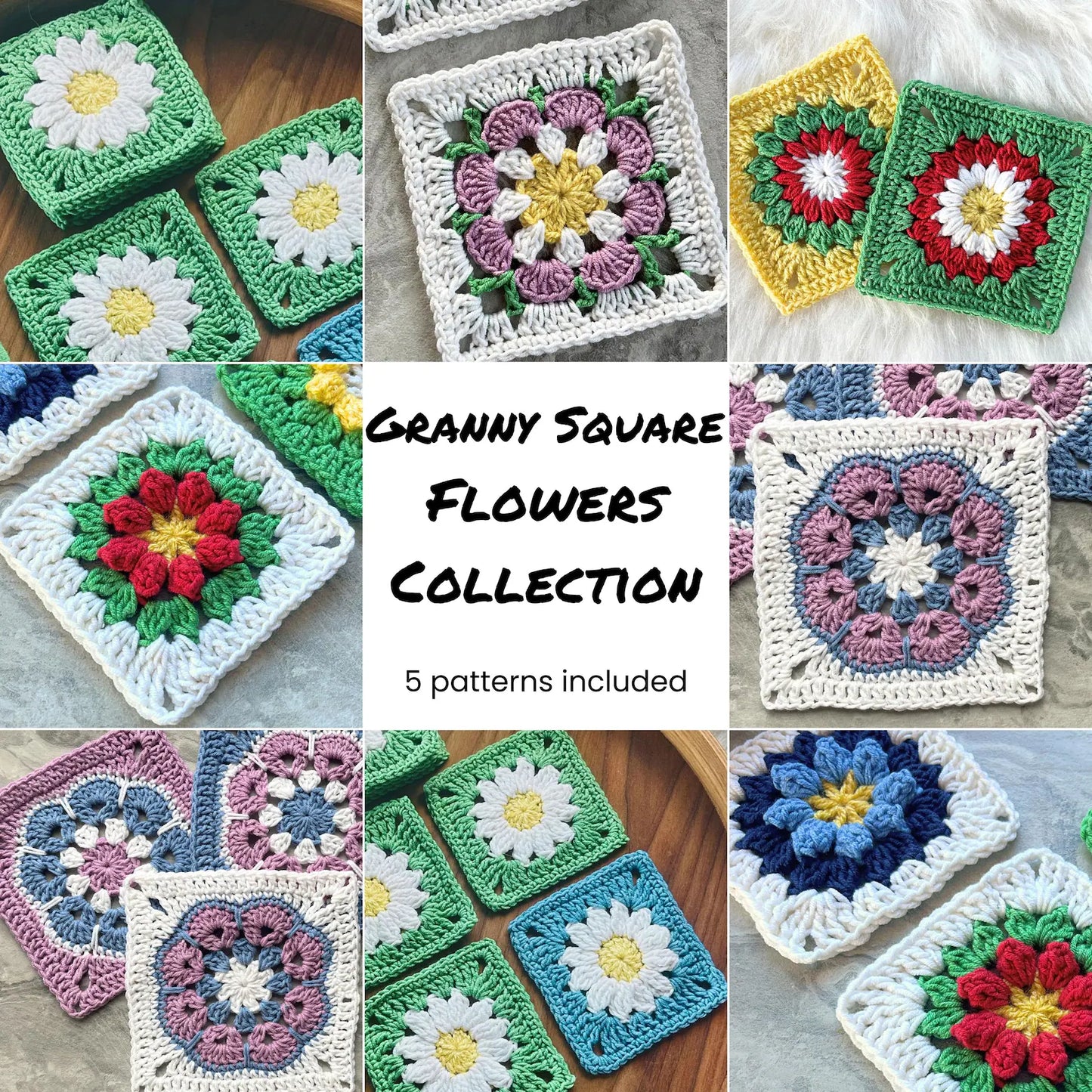 Granny Square Flowers Crochet Patterns Ebook Bundle Daisy African Sunburst flowers Easy Beginner Simple US UK terms DIY Craft Gift for mom