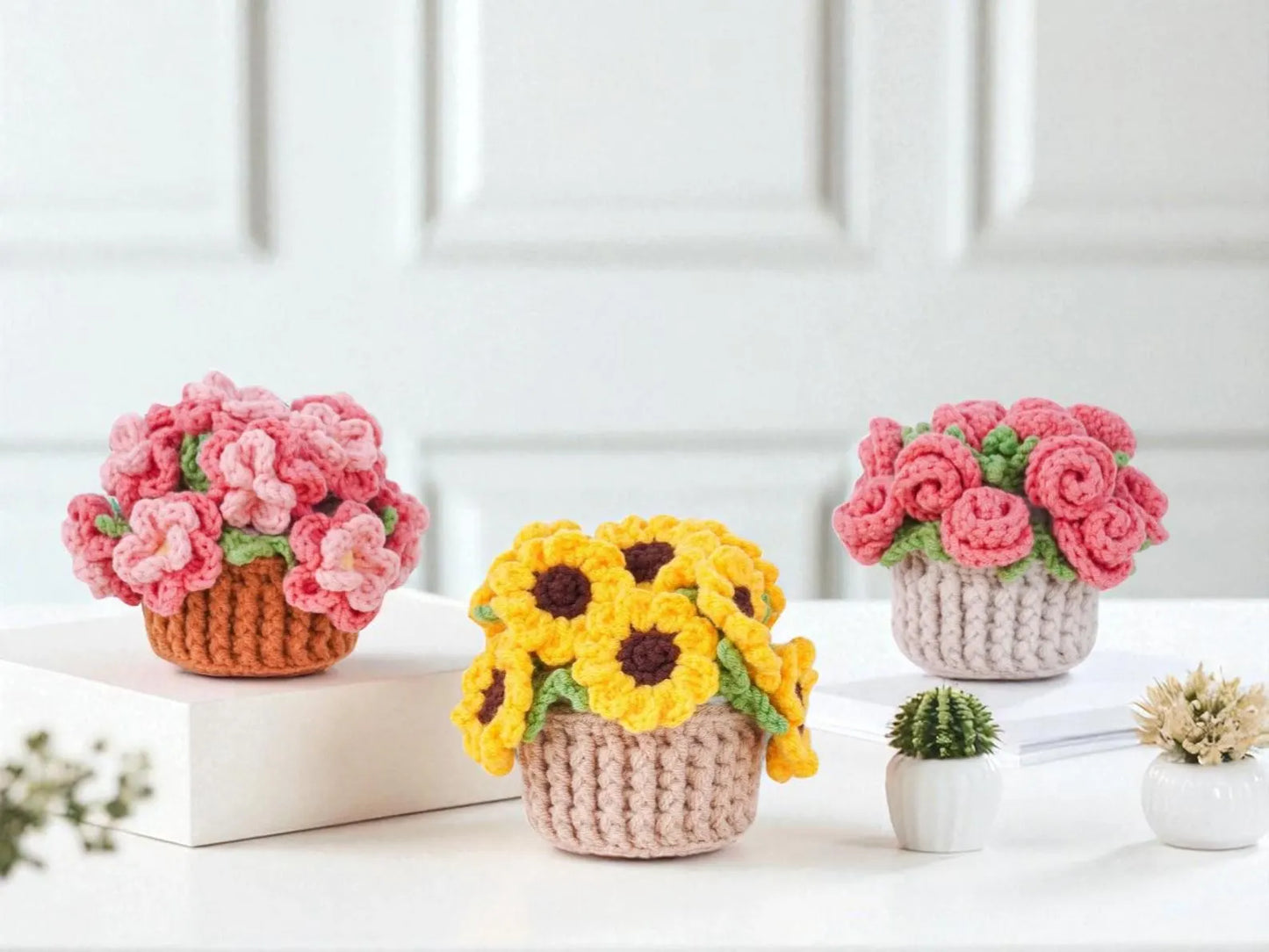 Bloom Pot Crochet Pattern Bundle PDF, Sunflower Rose Peach Blossom Coaster Pot Set, Cute Floral Decor Crochet, Easy DIY, Digital Download