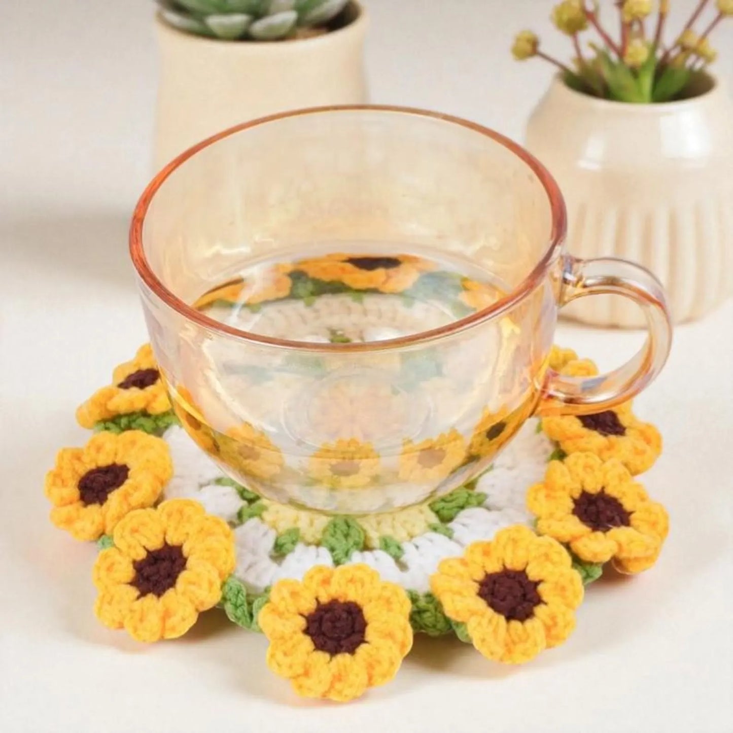 Bloom Pot Crochet Pattern Bundle PDF, Sunflower Rose Peach Blossom Coaster Pot Set, Cute Floral Decor Crochet, Easy DIY, Digital Download