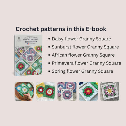 Granny Square Flowers Crochet Patterns Ebook Bundle Daisy African Sunburst flowers Easy Beginner Simple US UK terms DIY Craft Gift for mom