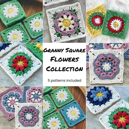 Granny Square Flowers Crochet Patterns Ebook Bundle Daisy African Sunburst flowers Easy Beginner Simple US UK terms DIY Craft Gift for mom