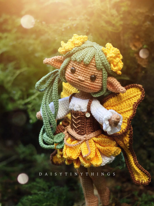 Amigurumi Doll Sunflower Fairy Crochet Pattern, crochet woodland doll pattern, daisytinythings pattern