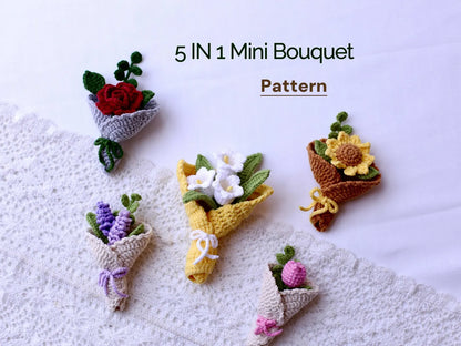 5 MIni Flower Bouquet PDF Patterns|Beginner-Friendly Gift Idea for housewarming Christmas, Birthday, Teacher|Bag Charm or Keychain Project