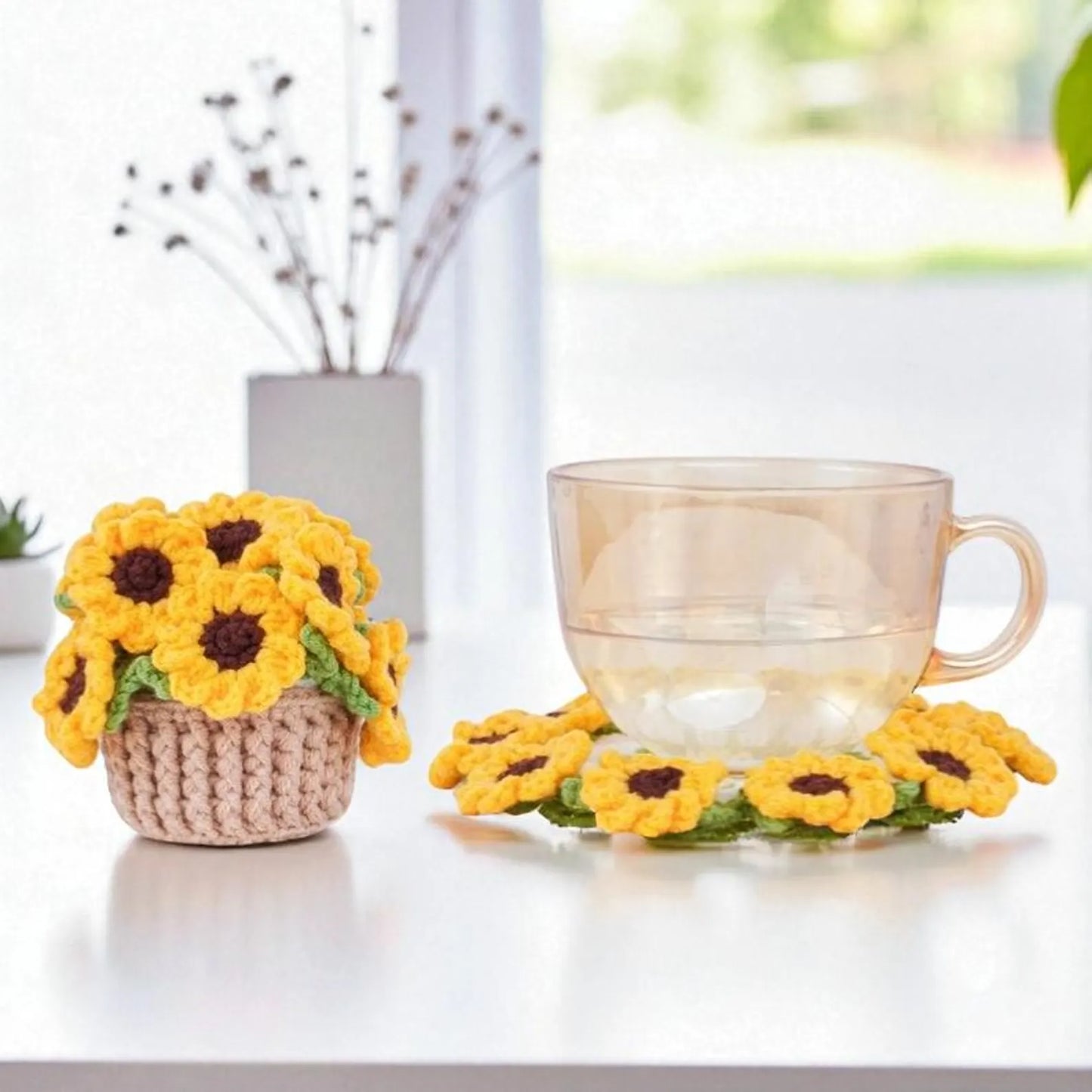 Bloom Pot Crochet Pattern Bundle PDF, Sunflower Rose Peach Blossom Coaster Pot Set, Cute Floral Decor Crochet, Easy DIY, Digital Download