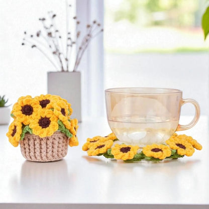 Bloom Pot Crochet Pattern Bundle PDF, Sunflower Rose Peach Blossom Coaster Pot Set, Cute Floral Decor Crochet, Easy DIY, Digital Download