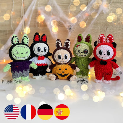 Halloween Crochet Bunny Pattern, Amigurumi Labubu Costume Frankenstein, Dracula, Pumpkin, Zombie, Devil (PDF Tutorial)