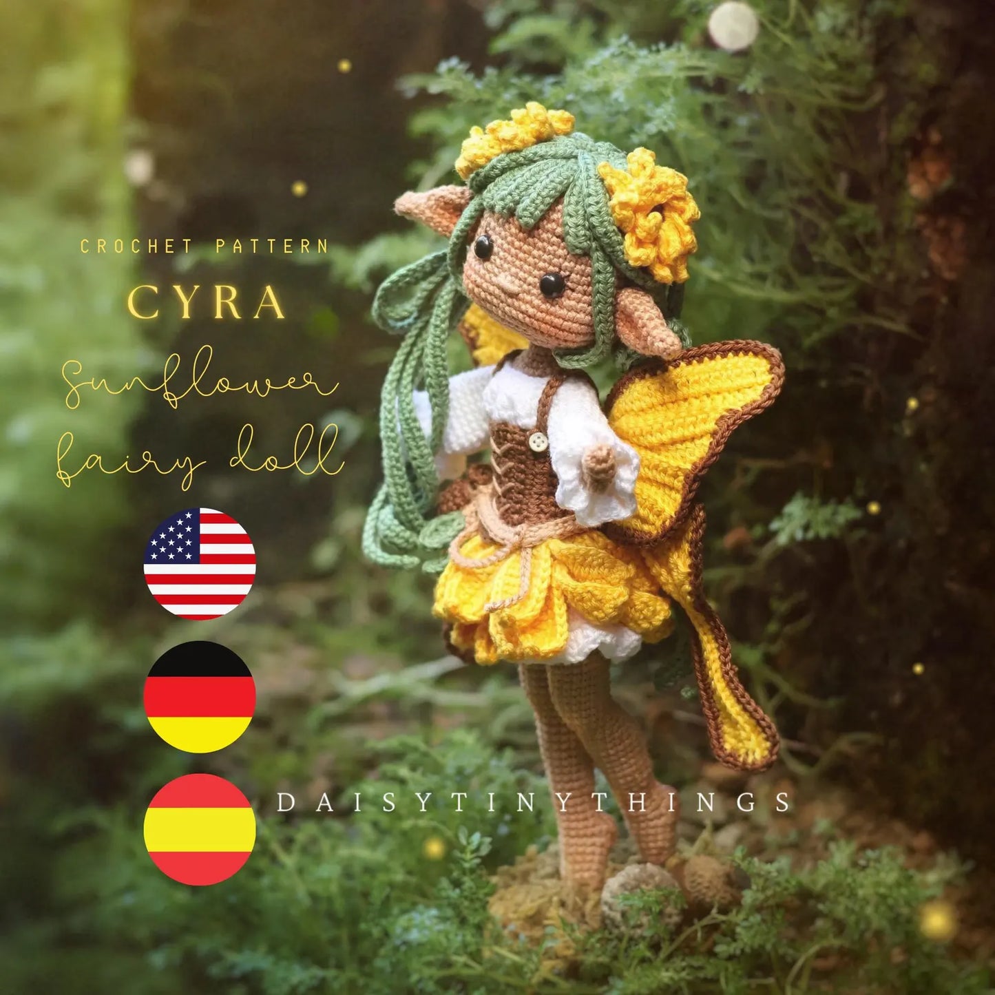 Amigurumi Doll Sunflower Fairy Crochet Pattern, crochet woodland doll pattern, daisytinythings pattern